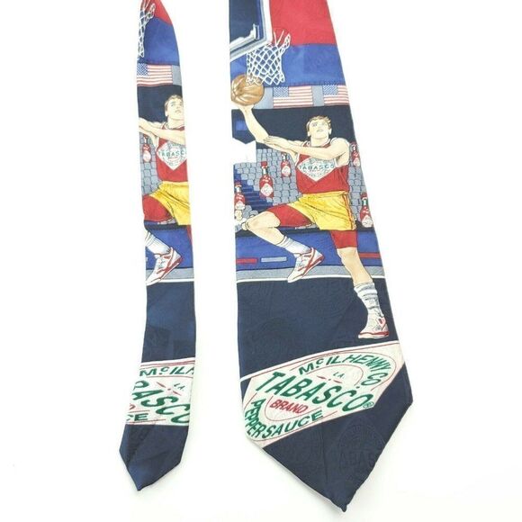 Tabasco Blue Silk Tie Basketball Novelty Wide - Picture 2 of 5